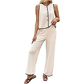 SweatyRocks Women's 2 Piece Summer Travel Outfits Button Down Waffle Knit Tank Top and Pants Sets
