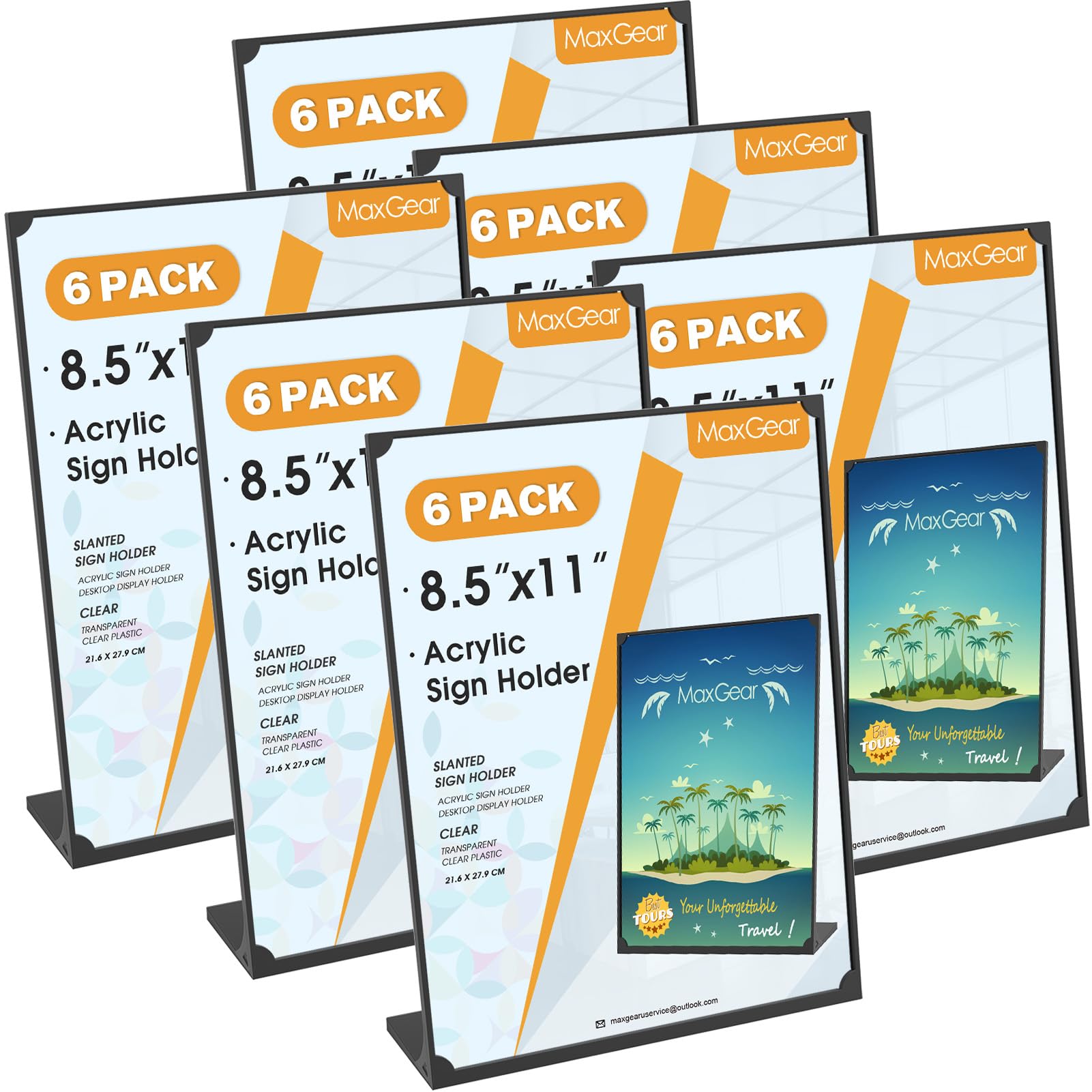 Photo 1 of MaxGear Sign Holder 8.5x11 Inch, Double Sided Clear Display Stand Table Top Heavy Duty Paper Holder, Vertical Menu Flyer Stand, Plastic Frame for Stores, Restaurants, Hotels, Office, 6 Pack