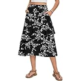 Leafsay Women's Boho Tiered Midi Skirt Vintage Summer Elastic High Waist Skirt Ruffle A-Line Flowy Skirts with Pockets