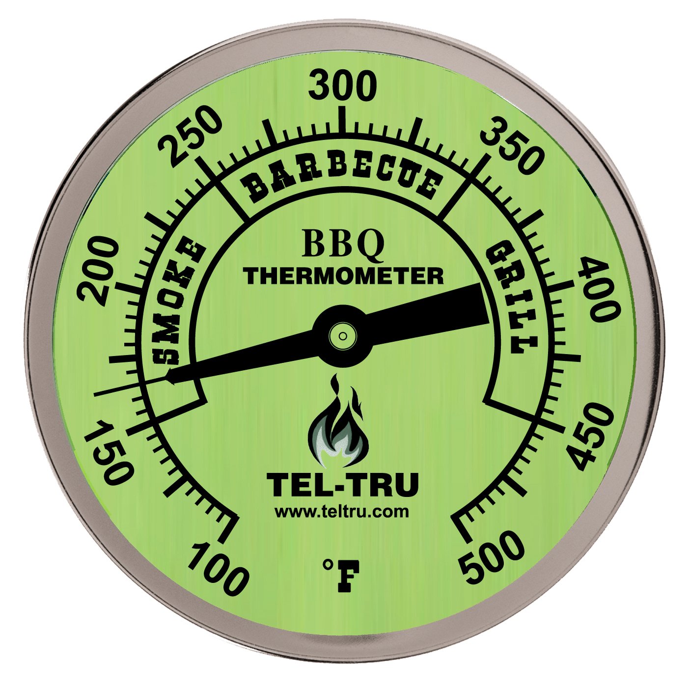 Tel-Tru BQ300 Barbecue Thermometer, 7.6cm glow dial with zones, 10.2cm stem, 100/500 degrees F