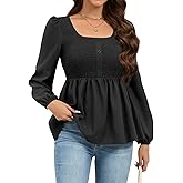 HEYTALALA Womens Peplum Tops Square Neck Smocked Puff Long Sleeve Blouses Babydoll Shirts 2025 Fall Dressy Casual Clothes