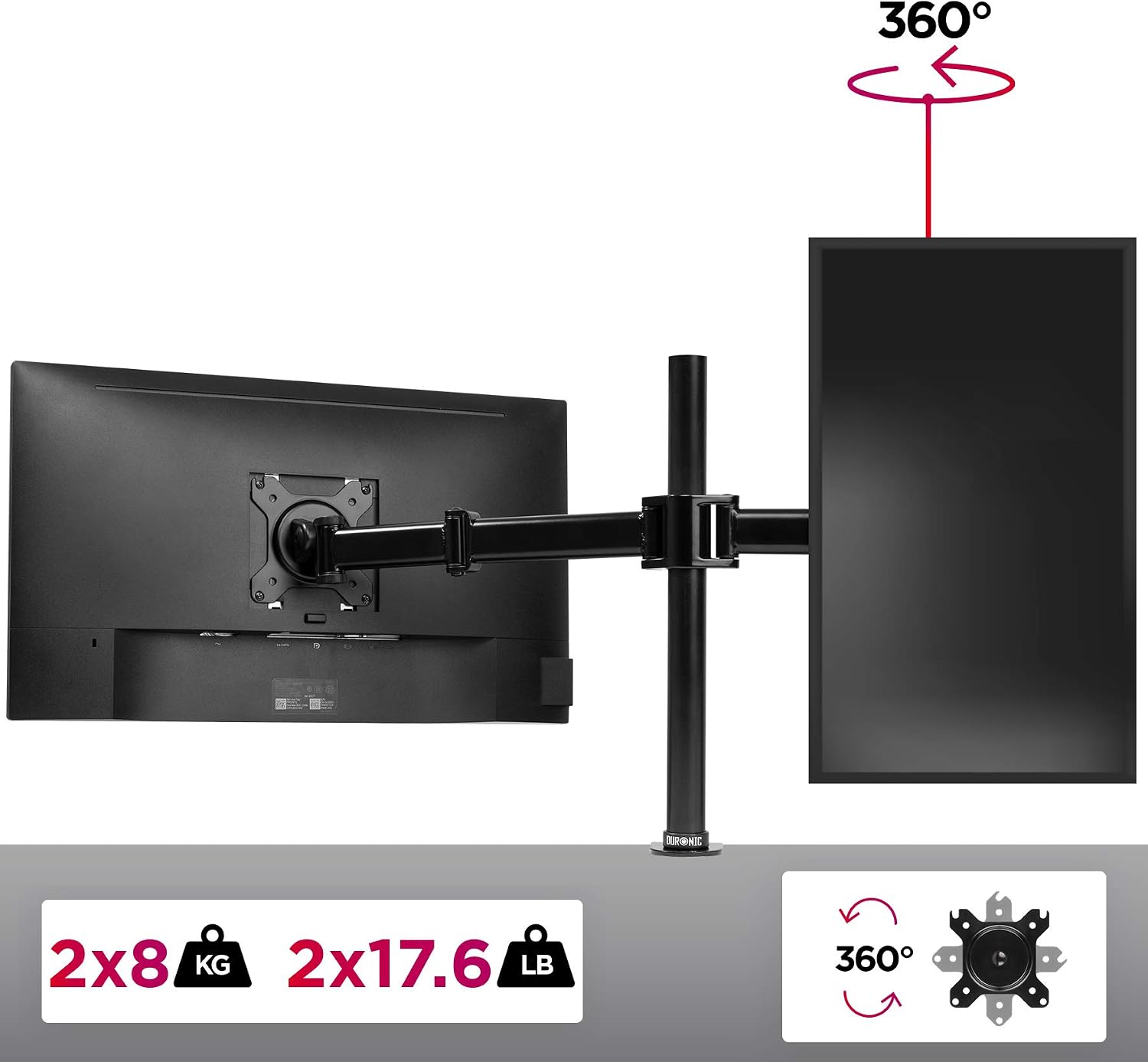 Duronic Dual Monitor Stand DM252 BK PC Desk Monitor Arm Height Adjustable Twin Riser Mount for 13-27” Office Computer Screens 8kg VESA 75 100 Compatible for Dell Phillips HP Samsung - Image 5