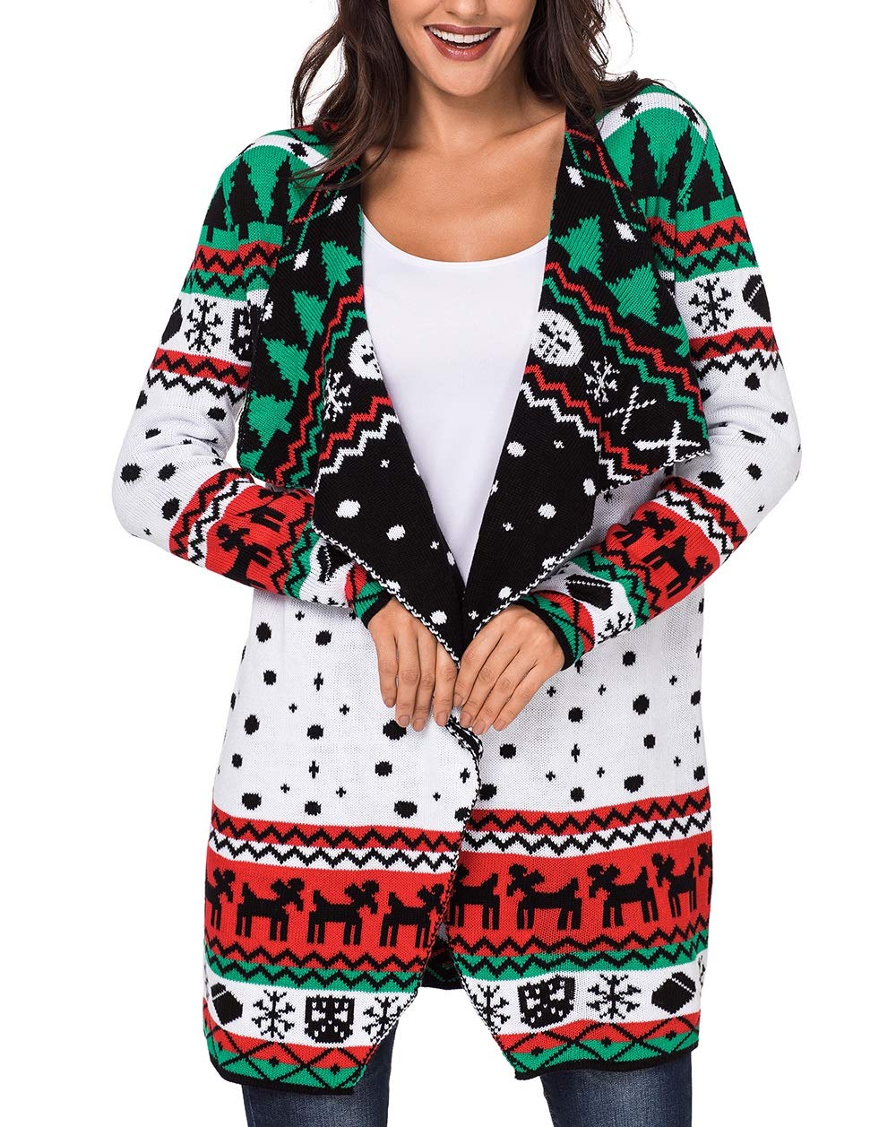 Happy Sailed Women Christmas Snowland Turndown Collar Sweater Cardigan Large White - Image 4