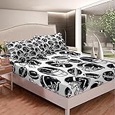 Feelyou Boys Rugby Printed Bedding Set for Kids Children Sports Theme Fitted Sheet Decorative American Football Pattern Bed Sheet Set Black White Design Bed Cover Twin Size 2Pcs
