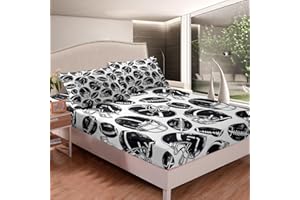 Feelyou Boys Rugby Printed Bedding Set for Kids Children Sports Theme Fitted Sheet Decorative American Football Pattern Bed Sheet Set Black White Design Bed Cover Full Size 3Pcs
