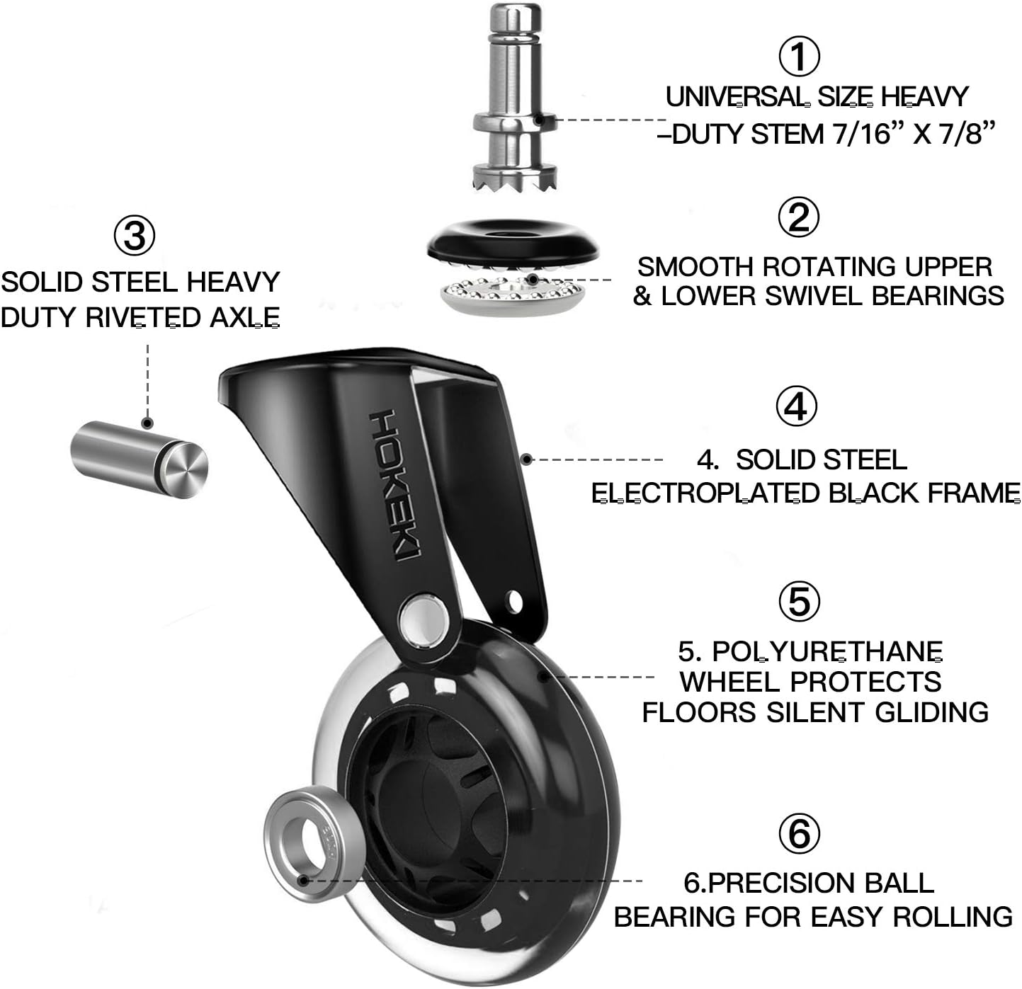 HOKEKI Office Chair Wheels, Heavy Duty Casters Set of 5, Caster Wheels 3 Inch Fit for Most Desk Chair, Gaming Chair, Computer Chair, Rubber Replacement Casters Safe for All Floors(Hardwood, Carpet) : Office Products