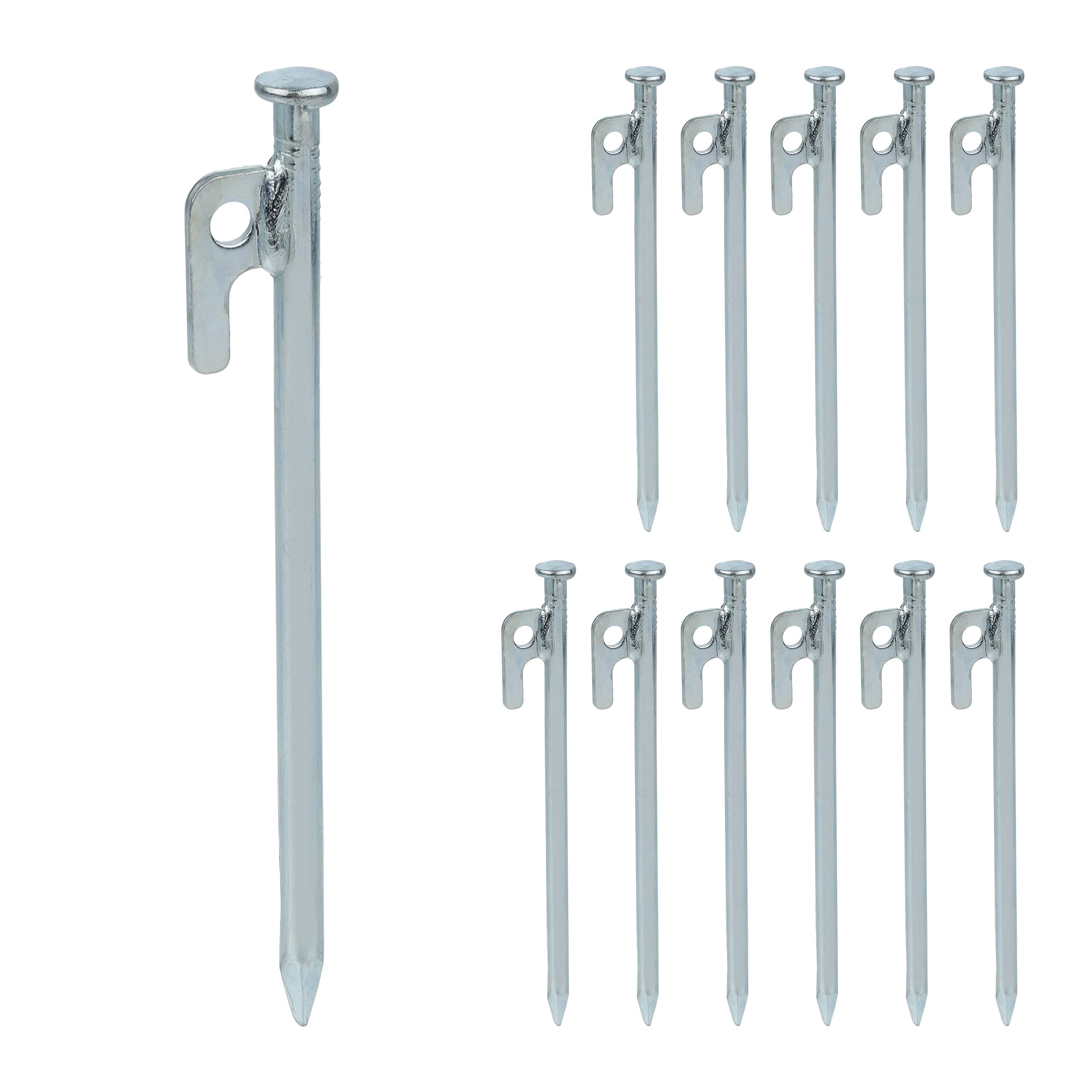Relaxdays Tent Pegs Set of 12, Stainless Steel Hooks, Ground Anchor for Hard Soil, Camping, Awning, HxD 20cm, Silver