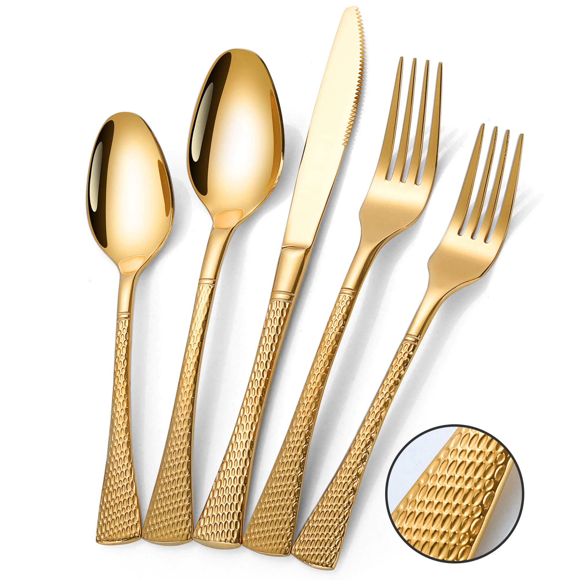 Photo 1 of ** SOLD AS IS, NO REFUND/RETURN** SEE COMMENTS!
 Lemeya Hammered Gold Silverware Set for 8,Stainless Steel 40-Piece Modern Cutlery Set,Mirror Polished Heavy Duty Flatware Set Utensil Set,Knives Spoons and Forks Set,Dishwasher Safe