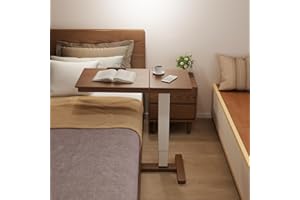 KASLANDI Solid Wood Overbed Bedside Table with Wheels,Adjustable Height Bed Side Table,Hospital Bed Table,Bed Table for Hospital and Home Use,Rolling Table,Couch Table (Walnut)