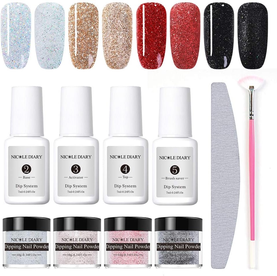 NICOLE DIARY Dipping Nail Powder System Dip Glitter Nail Starter Kit Acrylic Sandy Powder French Tips Nail Decoration Supplies UV/LED Lamp Free Nail Art Essential Kit