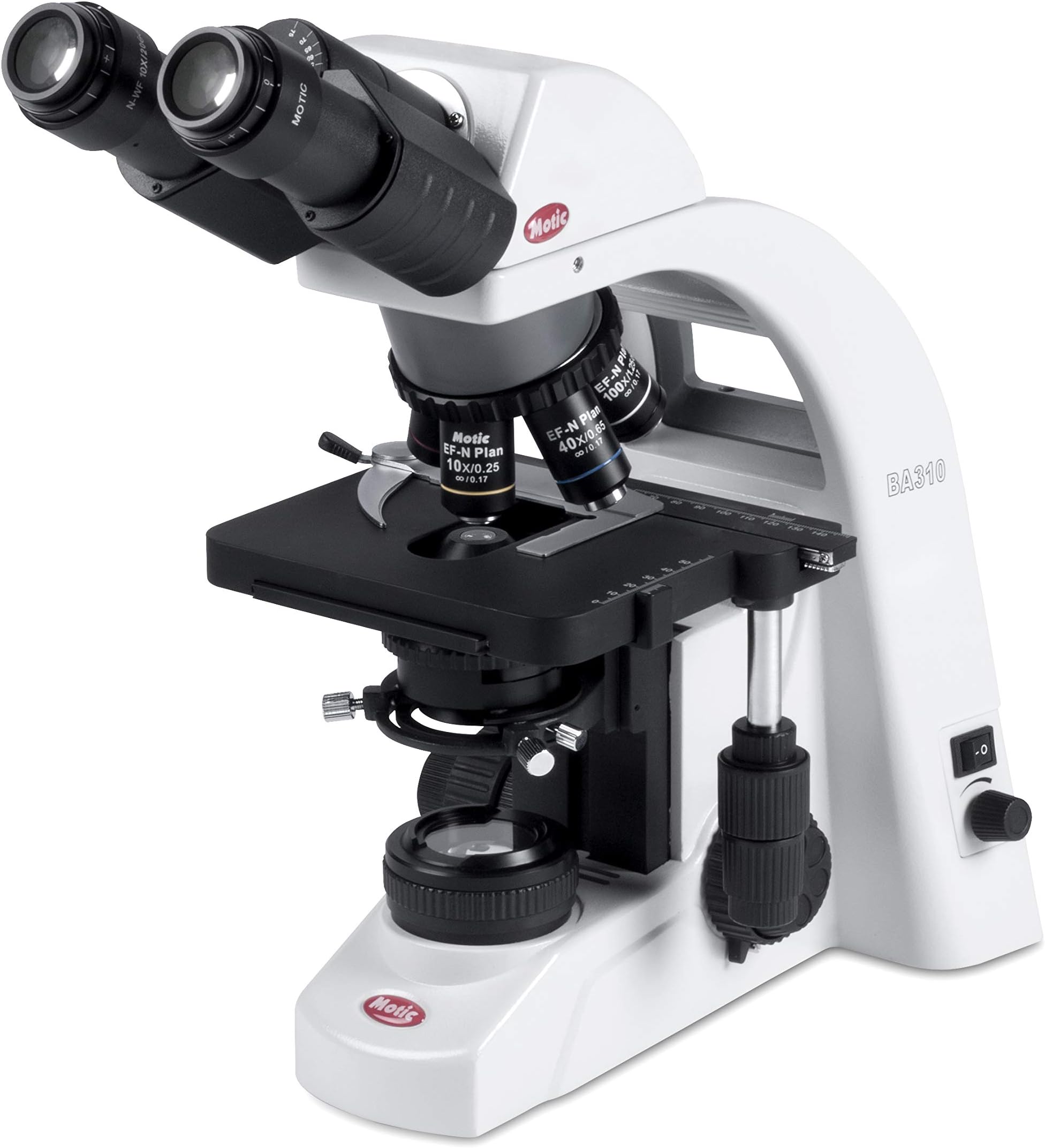 Motic BA310E LED Binocular Compound Microscope | 3W LED Lighting (6000K Color), 40X-1000X Magnification, Quintuple Nosepiece, EC Plan Achromatic Objectives, Rackless Stage | for Research Use