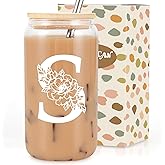 Coolife Initial Glass Cup, Monogrammed Gifts for Women, 16 oz Glass Cups w/Lids Straws, Iced Coffee Smoothie Beer Tumbler w/Straw Lid, Personalized Valentines, Birthday Gifts for Her Mom Friend Woman