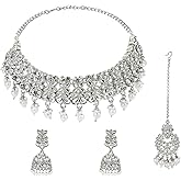 Efulgenz Crystal Choker Indian Jewelry Set Faux Kundan Pearl Crystal Stone Necklace Dangle Earrings Maang Tikka Head Chain Bollywood Wedding Bridal Jewelry for Women