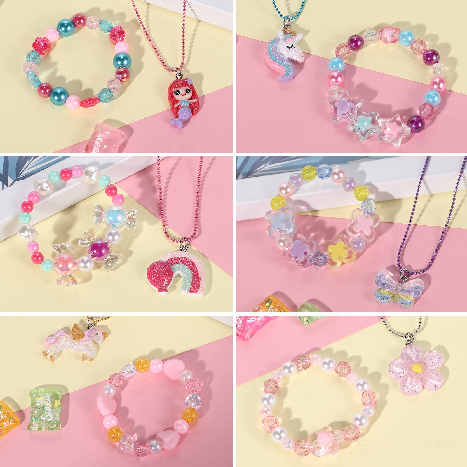 Lorfancy Lorfancy 12 Pcs Kids Bracelet Necklace for Girls Unicorn Mermaid Beaded Bracelets Toddler Cute Charm Play Jewelry Set Little Girls Colorful Friendship Dress up Gifts