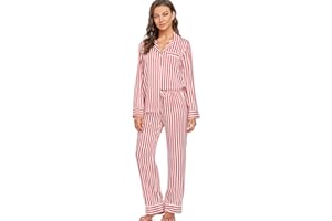 Serenedelicacy Women's Satin Pajama Set Long Sleeve Button Down Sleepwear 2-Piece Striped Silky Pj Set