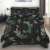 Pamnest Comforter Set Queen Size, Boho Space Green Retro Soft 3 Pcs Bedding for Kids and Adults, Herbs Witch Floral Comforter Set with Pillowcase, for Bedroom Bed Decor