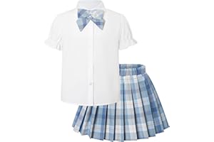 Betusline Girls Skirt Set JK School Uniform 2-Piece Outfit - Short Sleeve Shirt with Bow & Pleated Skirt 6-14 Years