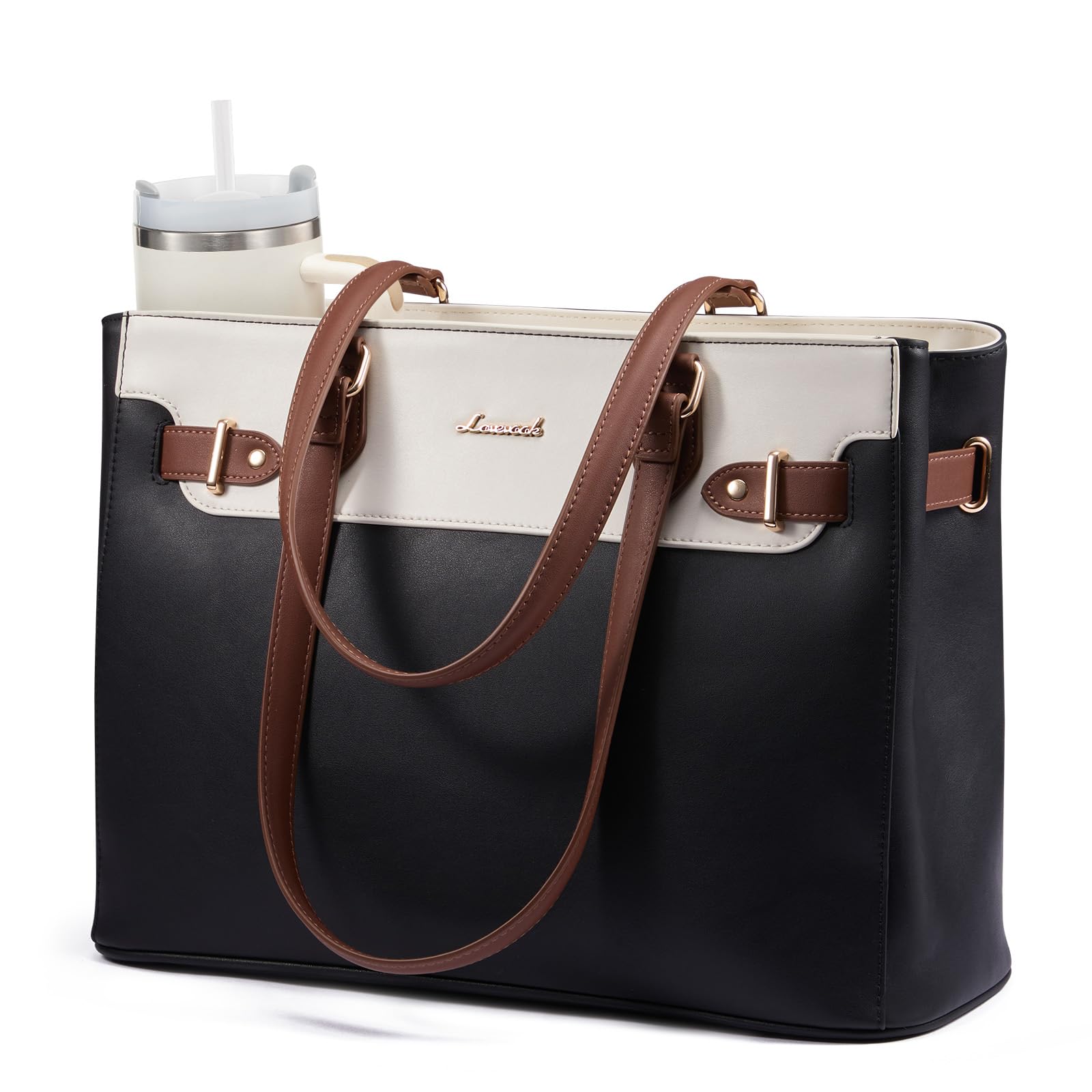 Photo 1 of LOVEVOOK Laptop Tote Bag for Women Work, Teacher Tote Bag Nurse Bag with Large Cup Holder, 15.6 Inch Waterproof Leather Computer Bag Professional Business Office Briefcase, Black-beige-brown