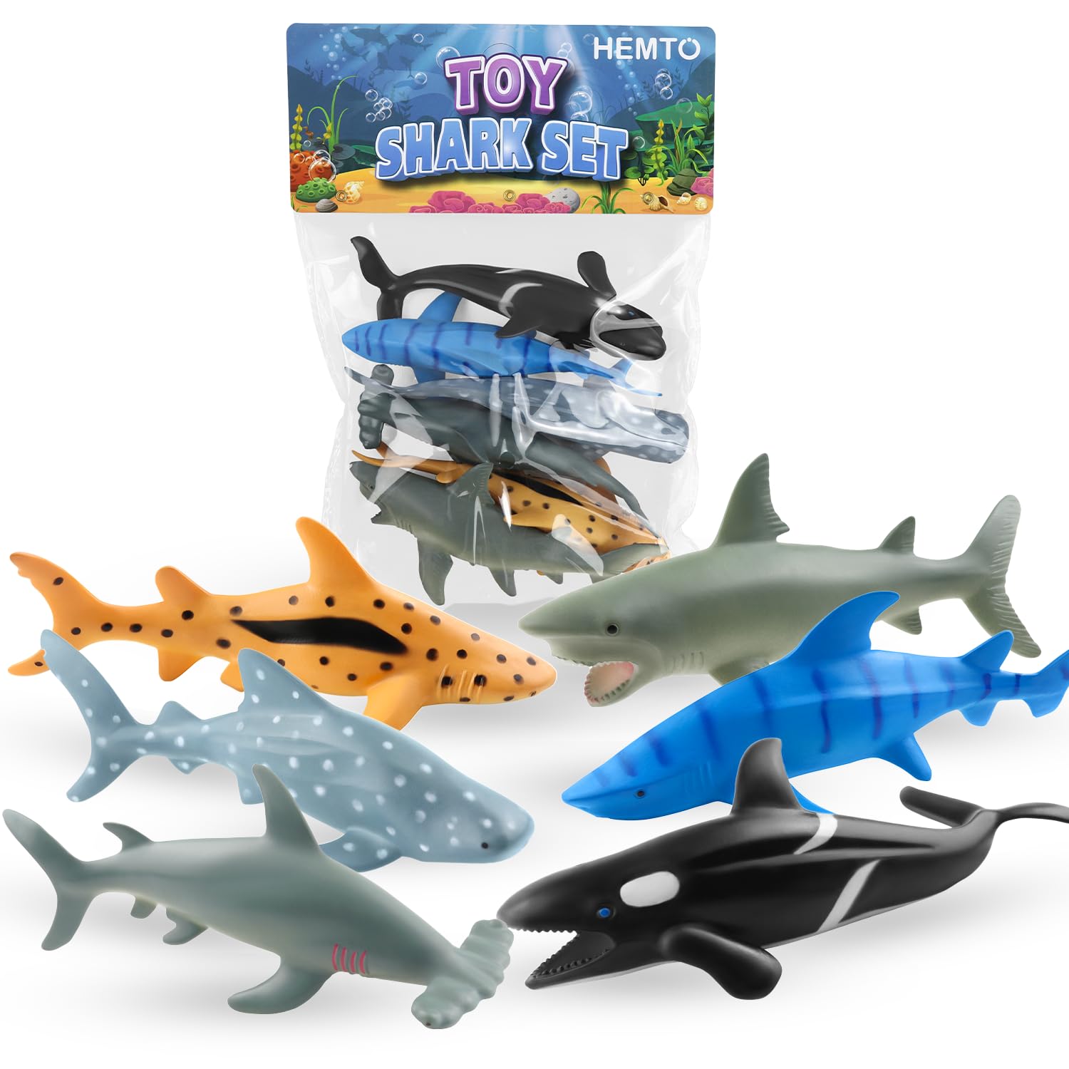 HEMTO Toy Shark Set (6 Pack) – Educational Bath Toys – Realistic Ocean Creatures Playset with Great White, Orca Whale – Figure Set for Children and Toddlers