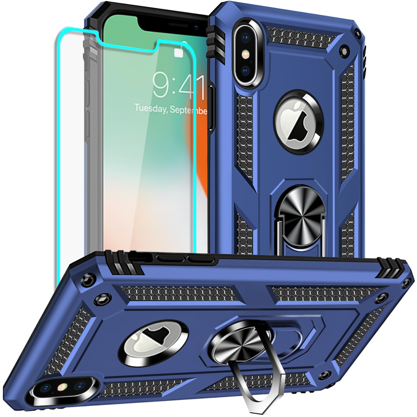for iPhone X Case, iPhone Xs Case with Screen Protector, Silicone Shockproof Military Grade Protective Phone Cover with Ring Kickstand for Apple iPhone X/Xs (Blue)