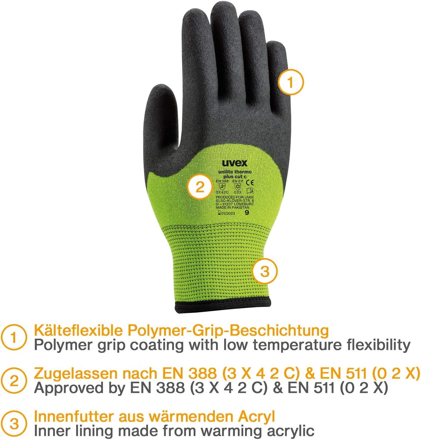 Uvex Unilite Gloves Thermo Plus Cut C Unisex 8,Black/Green - Image 3