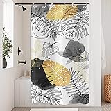 GCIREC Black Boho Chic Stall Shower Curtain, Abstract Aesthetic Tropical Leaf with Gold Botanical Branch Modern Bathroom Curt