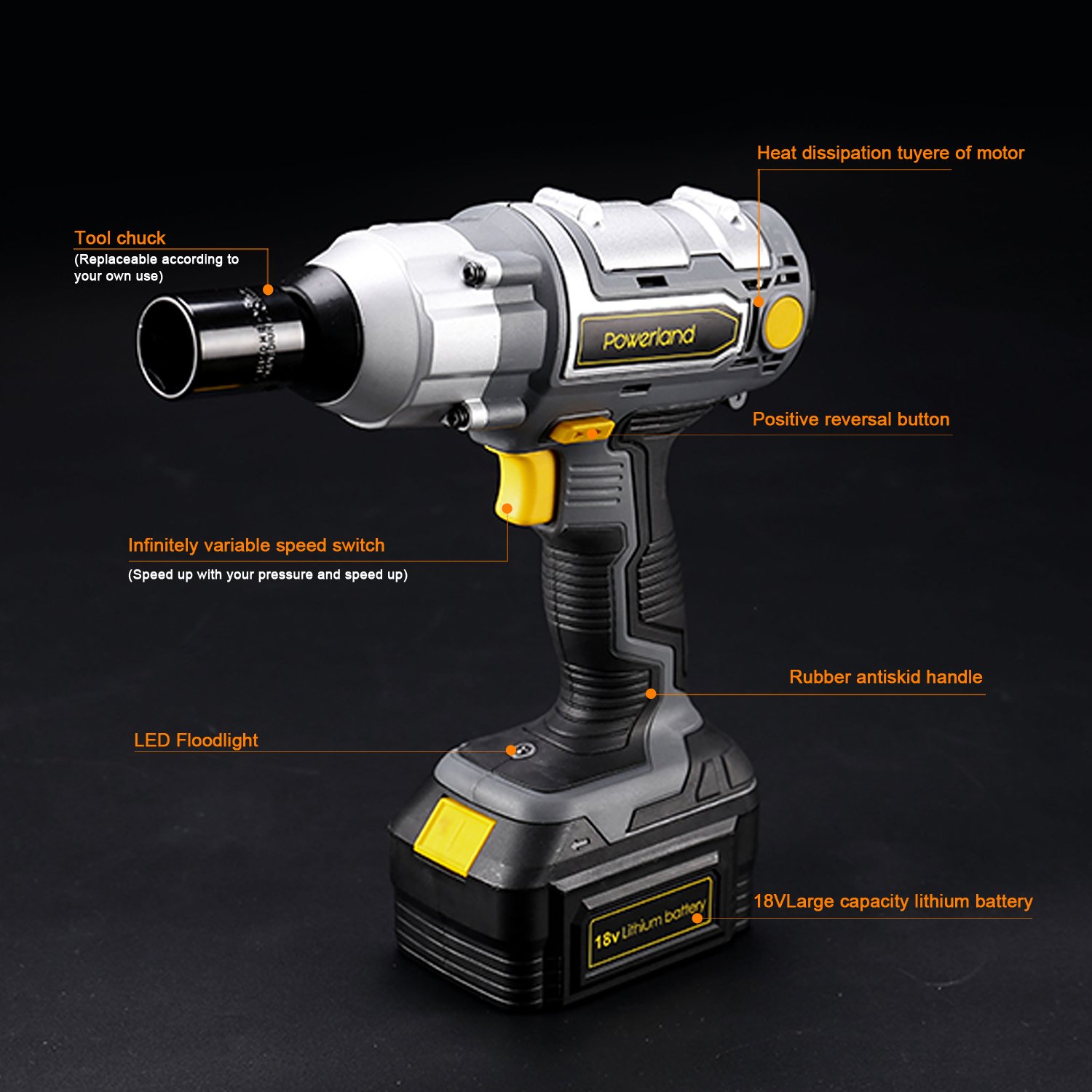 Powerland IW03 Atornillador de impacto inalámbrico, 18 V (cargas pesadas, 1/2 pulgadas)...