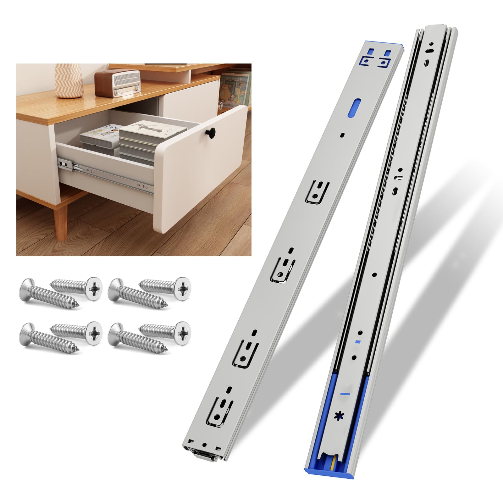 NECILO Soft Close Silver 500mm Residential Drawer Runner, 45kg Load Capacity Rust Proof and Waterproof Full Extension, Slides for Kitchen, Bathroom, Home, Office, Side Mount, 1 Pair(2 Packs)