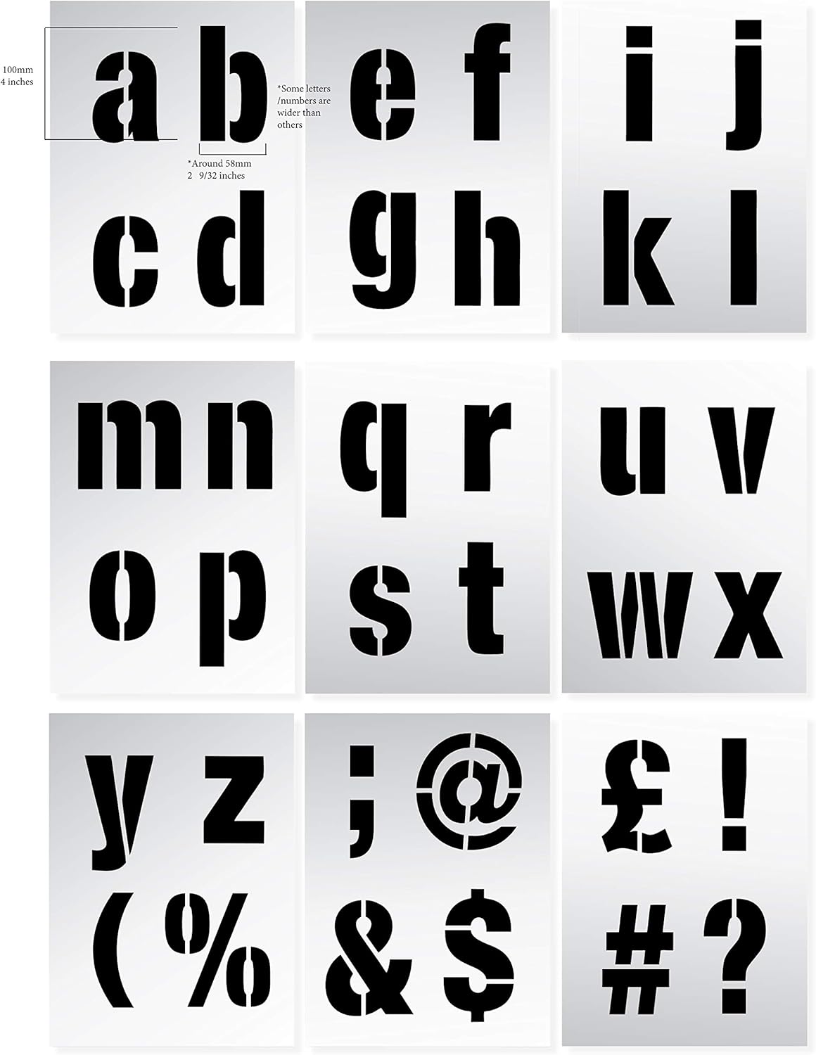 Dovetails Vintage Letter Stencil 100 mm Tall Modern Style Lower Case Letters and Symbols, off white, 9 Sheets of 295 x 200mm - Image 3