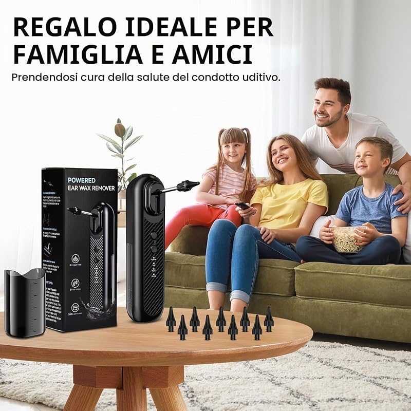 Pulitore Orecchie Elettrico, Rimuovi Cerume con 4 Modalità di Pulizia, Kit Irrigazione Orecchio, IPX5 Impermeabile, Serbatoio da 200ml, Ricarica USB-C,2000Ahm