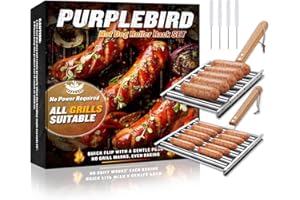 PURPLEBIRD Hot Dog Rollers for Grill, Sausage Grill Racks Set with 4 Hot Dog Sticks, Detachable Long Wood Handles, Large Stainless BBQ Hotdog Roller Grill Racks Outdoor, for Dad
