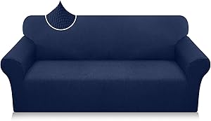 Luxurlife Super Stretch Sofa Covers Stylish Couch Covers for 3 Cushion Couch Upgraded Modern Sofa Slipcover for Dogs Pets Non Slip Furniture Protector with Elastic Bottom (Large, Navy Blue)