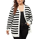 Agnes Orinda Plus Size Cardigan Sweater for Women Button Down Open Front Long Sleeve Striped Knit Cardigans Coat Winter