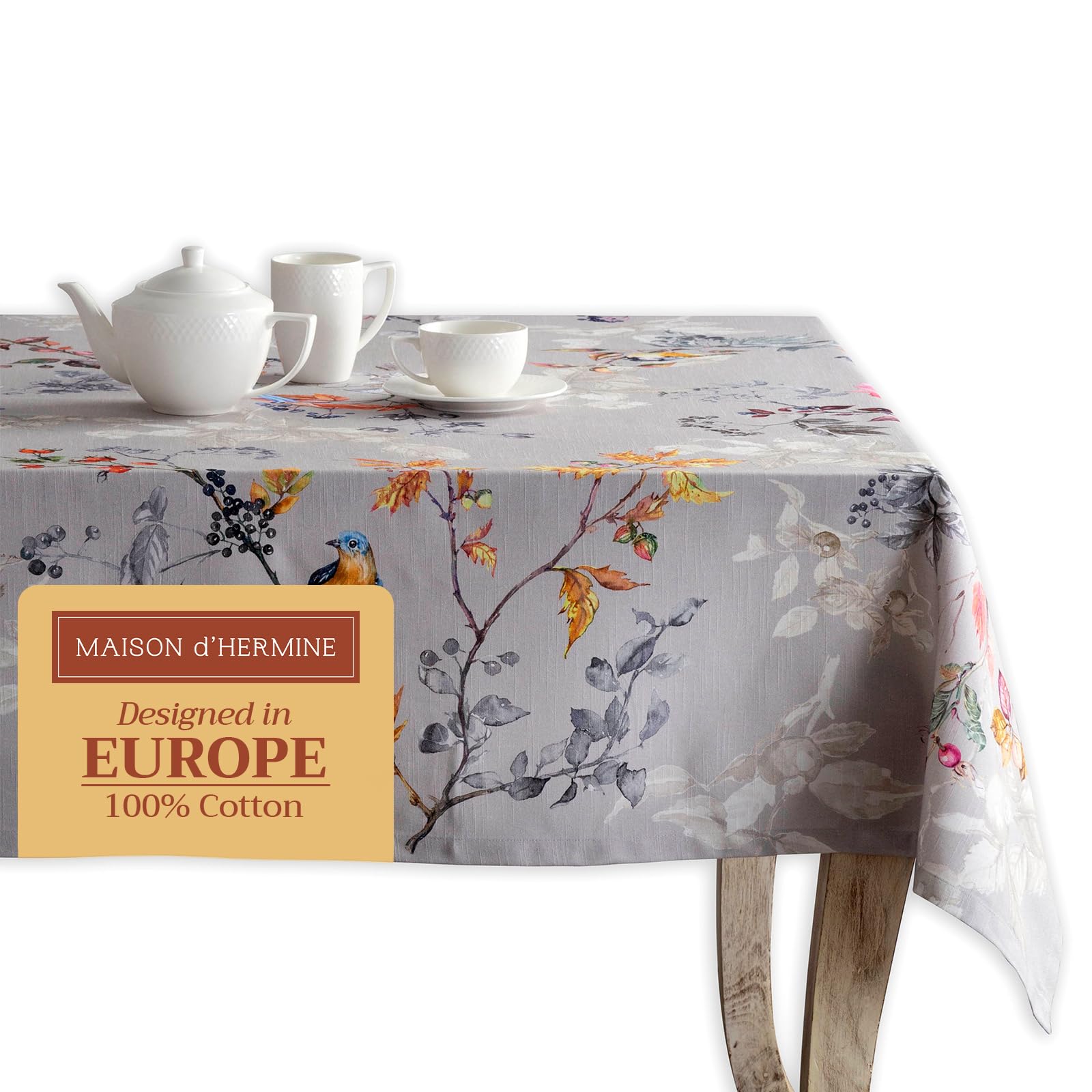 Maison d' Hermine Table Cloth Rectangle Table 100% Cotton 70 x 120 Inches Fall Tablecloth Reusable Everyday Use for Thanksgiving Christmas Decorations Dining Farmhouse Party (Equinoxe - Grey) Image