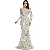 Engerla Off Shoulder Long Sleeves Sequins Mermaid Evening Dress Trumpet Formal Party Prom Gowns