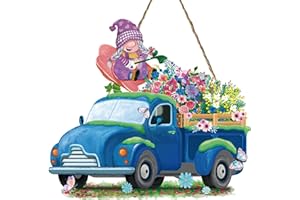 Tiamon Spring Gnome Flower Sign for Front Door Wooden Hanging Sign Gnomes Flower Truck Wreath Sign Spring Wood Door Hanger for Outdoor Porch Welcome Sign for Home Indoor Outdoor Wall Porch Decoration