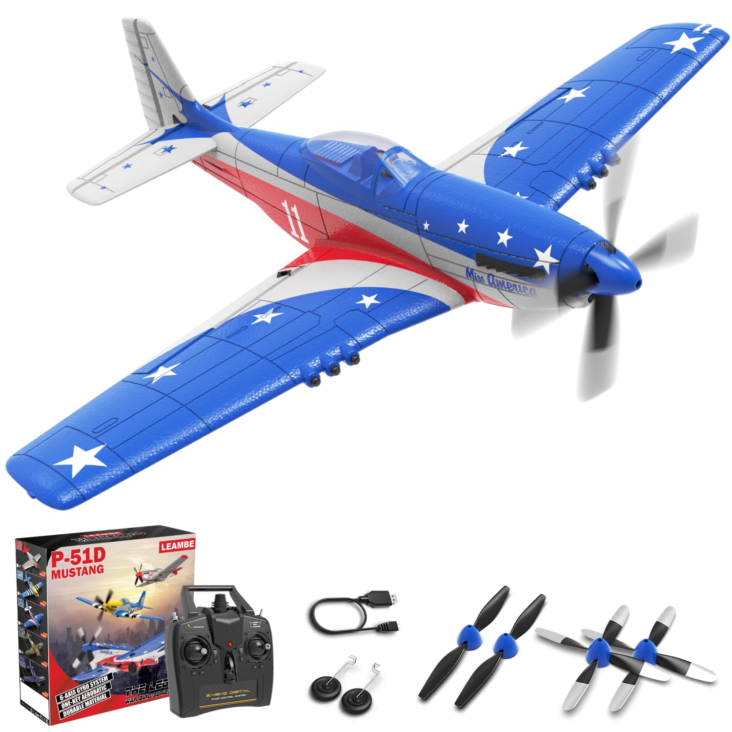 Photo 1 of LEAMBE RC Plane 4 Channel Remote Control Airplane with 3 Modes - Ready to Fly Upgrade P51 RC Airplane for Beginners Adult with Xpilot Stabilization System & One Key Aerobatic Blue-Red