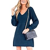 CUPSHE Women's Sweater Dress V Neck Honeycomb Long Sleeve Textured Fall Casual Knit Pullover Dresses