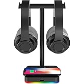 KAFRI RGB Dual Headphone Stand with Wireless Charger Desk Gaming Double Headset Holder Hanger Rack with 10W/7.5W QI Charging Pad and QC 3.0 USB Port - Suitable for Gamer Desktop Table Game Earphone