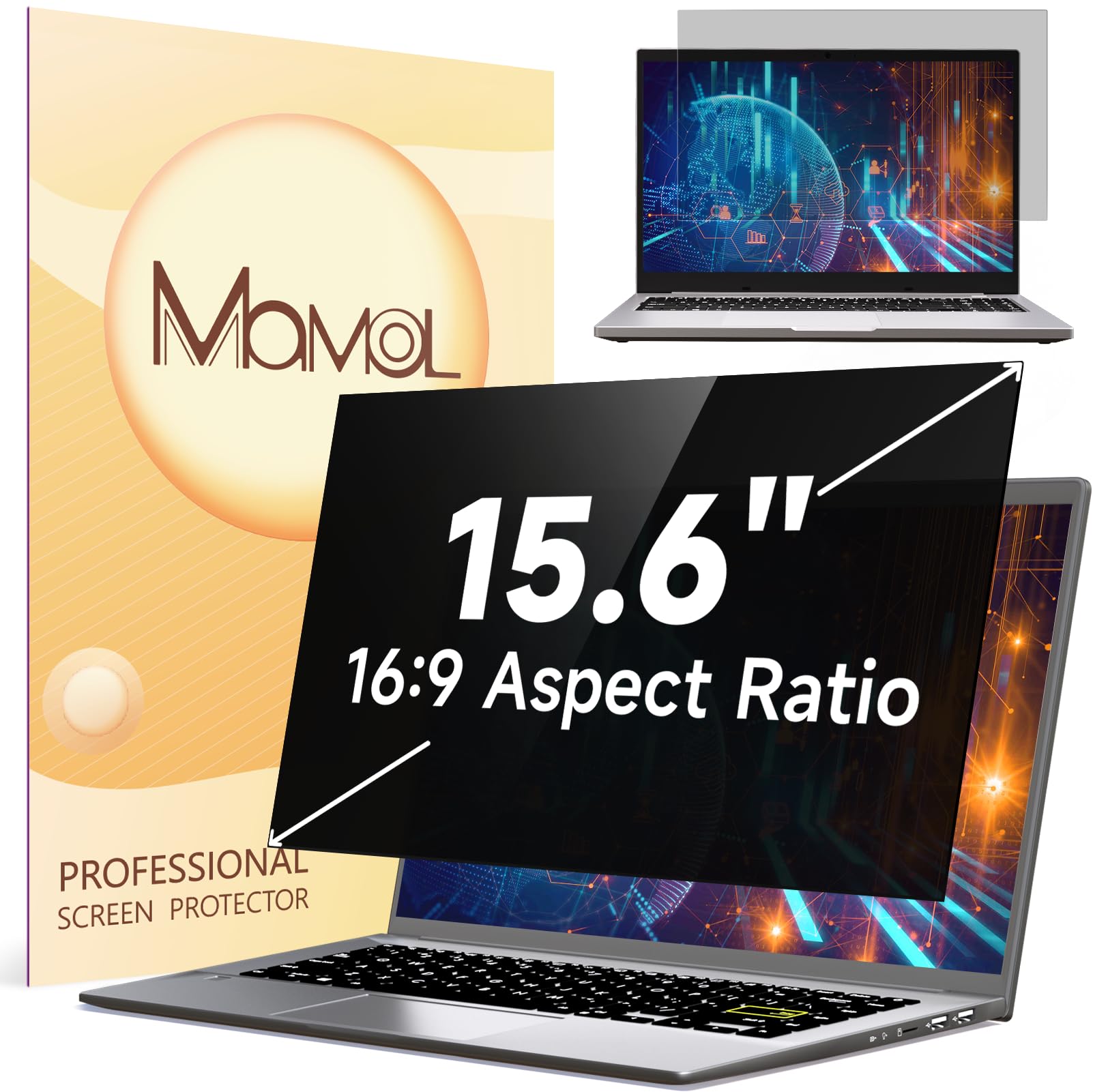 Mamol 15.6 Inch Laptop Privacy Screen Filter, Anti-Spy, Blue Light Reduction, 16:9 Aspect Ratio, Compatible with Lenovo, HP, Dell, Acer, Asus, Samsung and Other Laptops