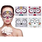 4 Pack Day of the Dead Sugar Skull Face Temporary Tattoo Halloween Makeup Tattoo Stickers for Halloween Masquerade Party(Floral, Red Roses,Black and Floral Skeleton)