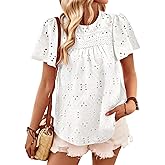 Falechay Womens Summer Tops Boho Short Sleeve Crew Neck Blouses for Women Dressy Casual Babydoll Cute Flowy Preppy Shirts