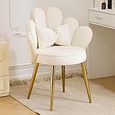 VINGLI Petal Makeup Vanity Chair with Back,Flower Cute Girls Desk Chair Comfy No Wheels,Modern Dining Chair,Small Accent Chair with Adustable Gold Legs&amp;Bow Pillow for Home Office,Bedroom,Velvet,White