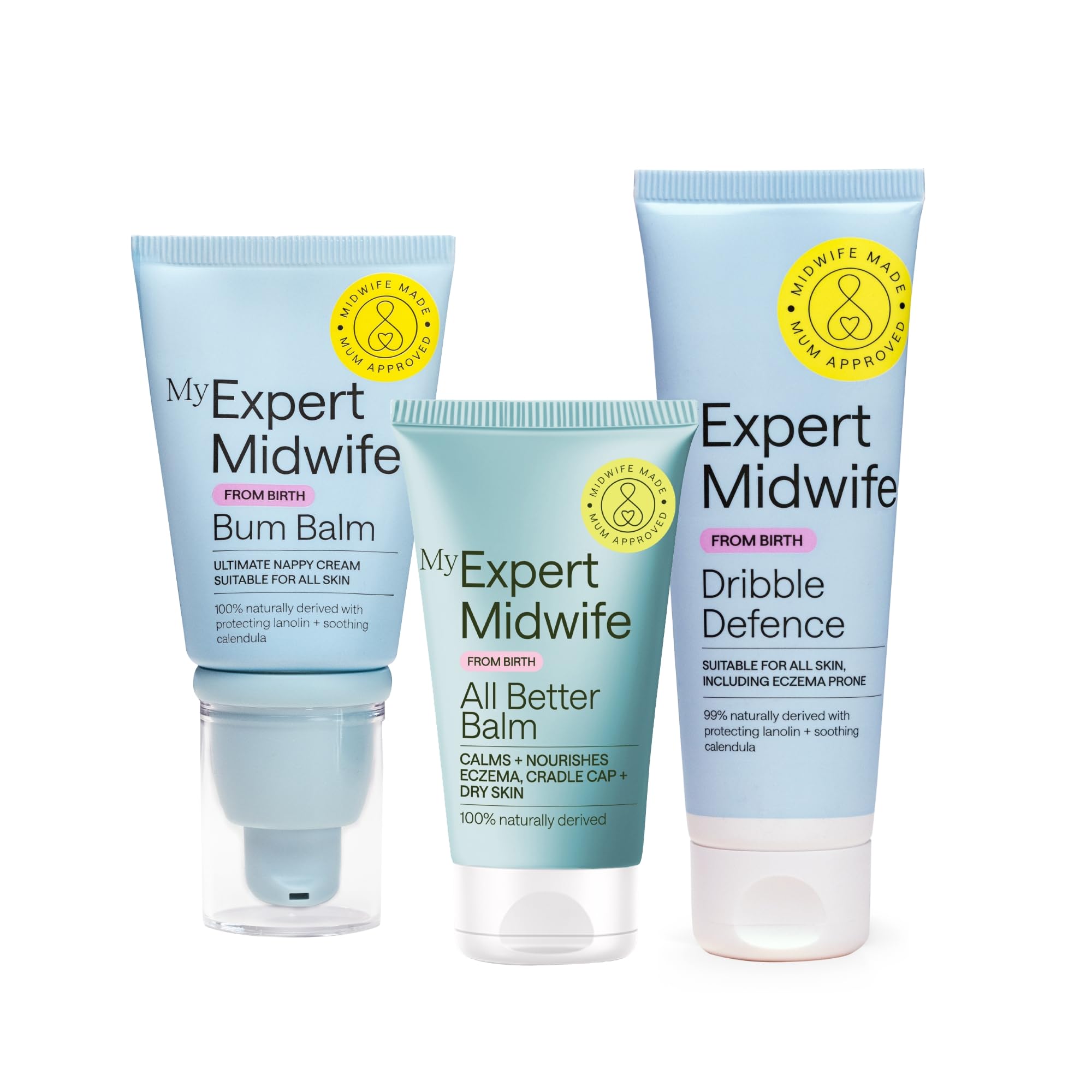My Expert Midwife Newborn Baby Mega Mild Skin Saviours Kit, Clean Natural Ingredients, Suitable for Sensitive Skin + Fragrance Free, Set of 3 with Baby Nappy Cream, All Better Balm, Dribble Defence