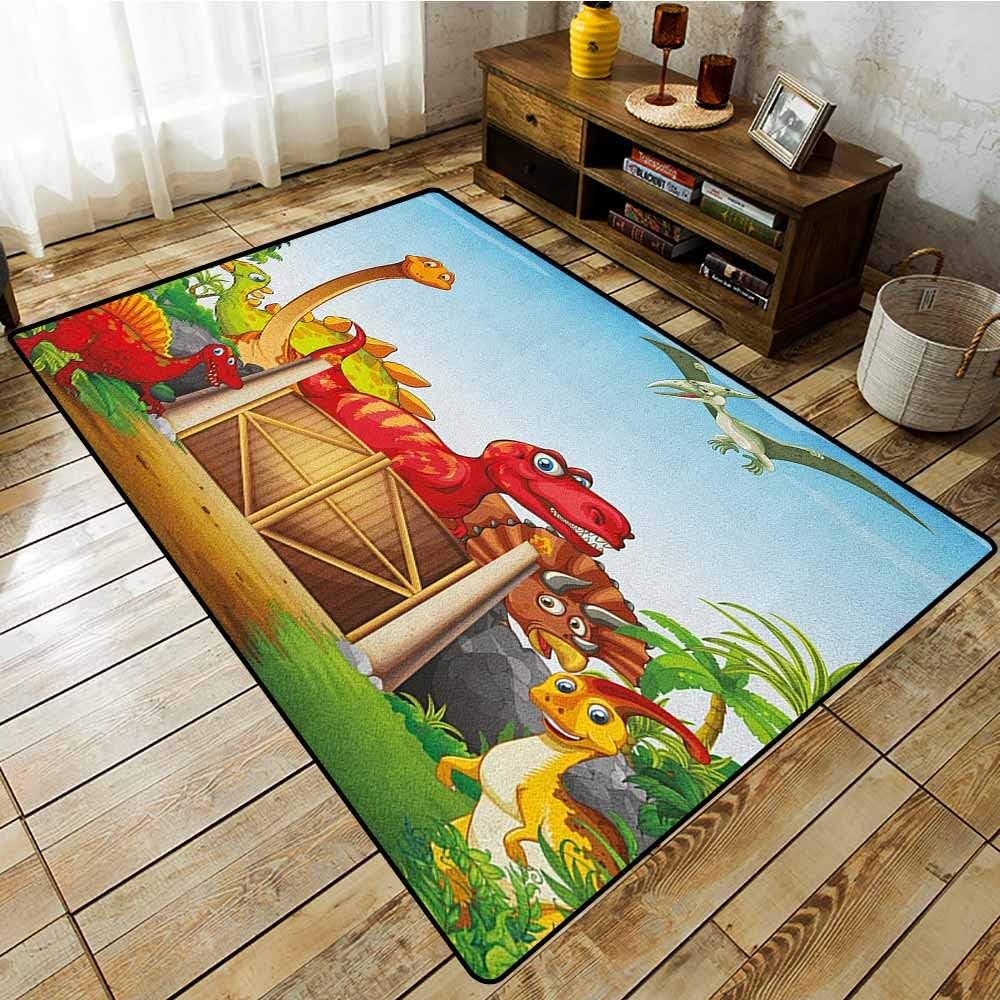 Custom Rug，Kids，Cartoon Style Cute Dinosaurs in a Dino Park Jungle