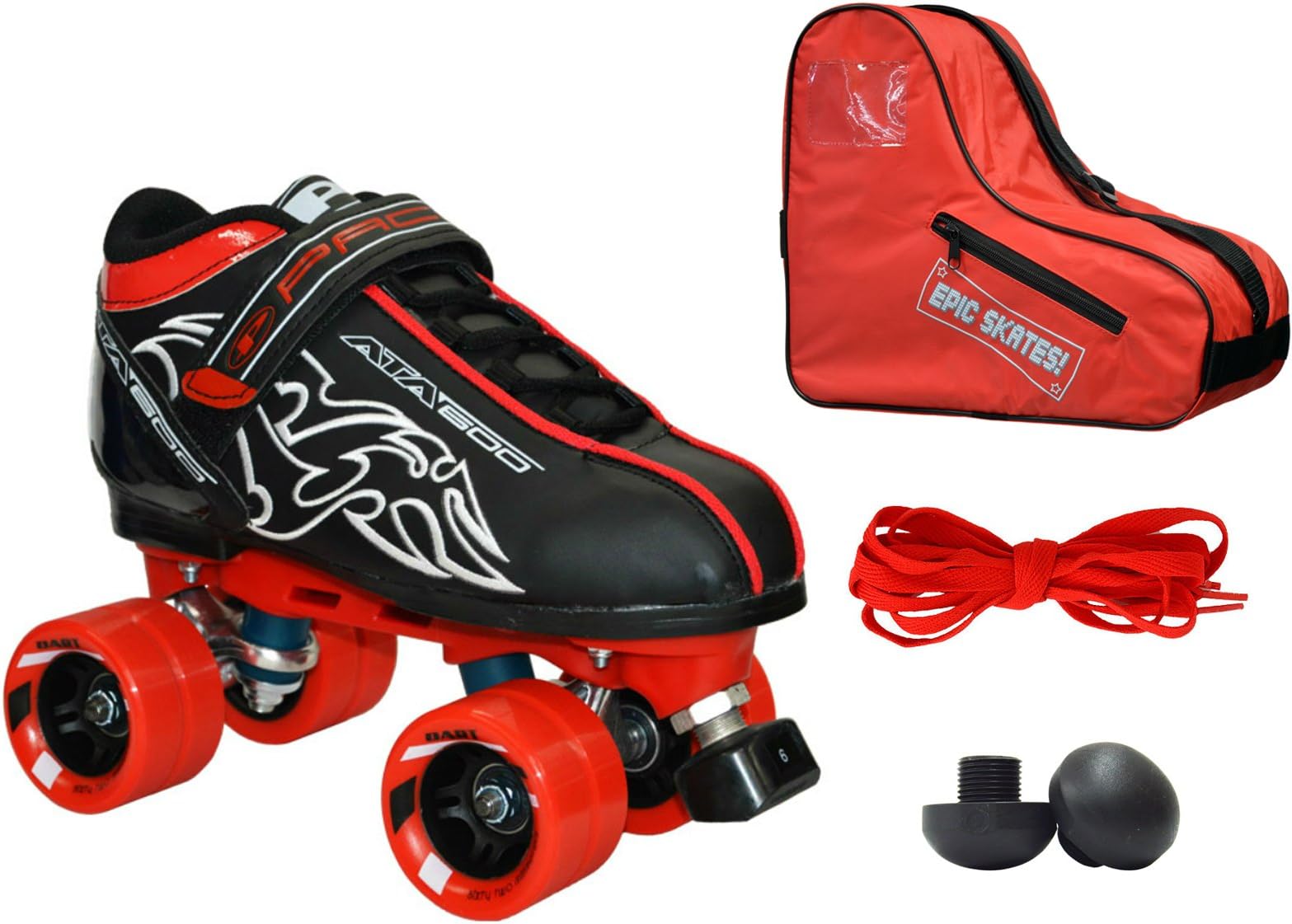 New! Customized Pacer Black ATA-600 Quad Roller Speed Skate 4pc. Bundle w/ Red Dart Wheels, Bag, Toe Plugs & Laces! (Mens 9)