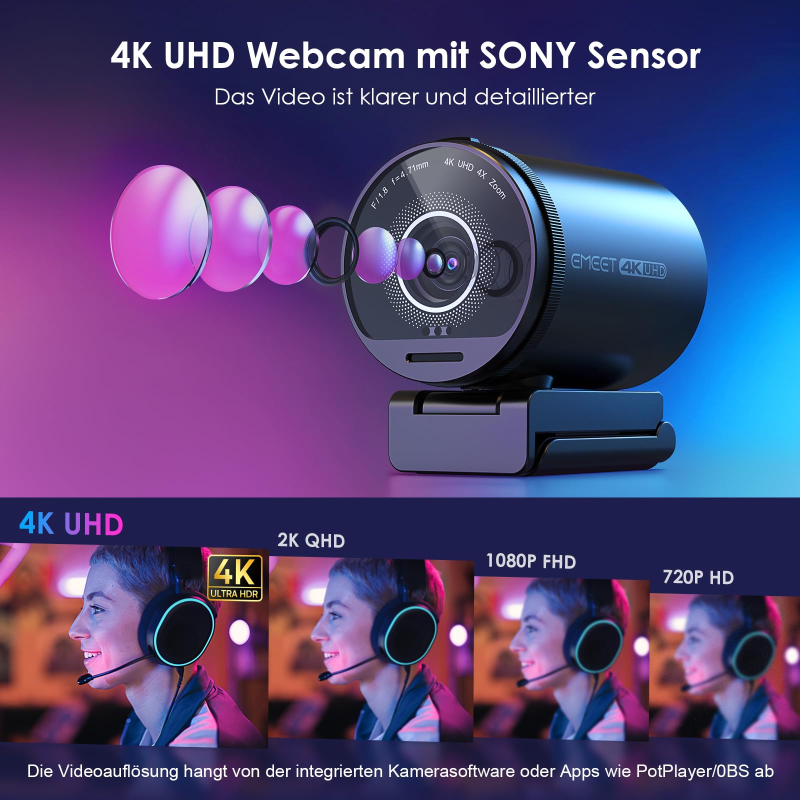 EMEET Webcam 4K S800, Ultra 4K Webcam mit 2 Mikrofonen mit Rauschunterdrückung, 73° Sichtfeld, Lichtkorrektur, Datenschutzabdeckung, 1080p@60FPS HDR, Web cam 1080p für Live-Streaming, Gaming, Zoom 2