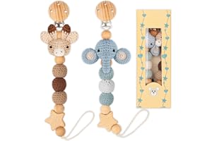 LSTRAGY Pacifier Clip, 2 Pack Pacifier Holder for Boys and Girls, Cute Deer Handmade Knitted Christmas Pacifier Clip Fits for Most Pacifier, Baby Teethers, Baby Shower and Baby Gift(Elephant&Deer)