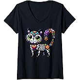 Womens Dia De Los Muertos Cinco De Mayo Cat Sugar Skull Men Women V-Neck T-Shirt