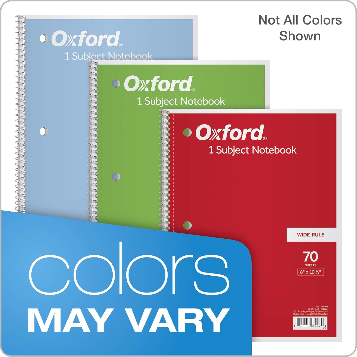 TOPS/Oxford 1-Subject Notebooks, 8" x 10-1/2", Wide Rule, 70 Sheets, 3 Pack, Color Assortment May Vary (65029) : Office Products